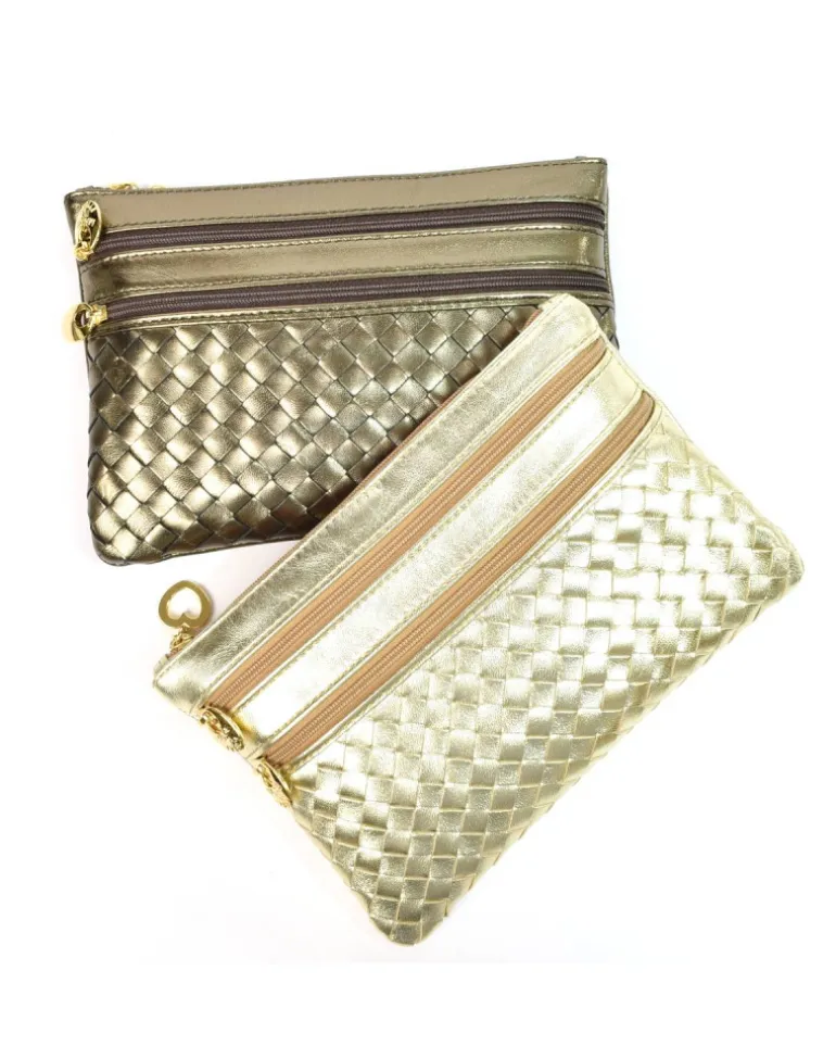 Pochette a bustina media 3 cerniere in pelle intrecciato metallizato art 1752wmet